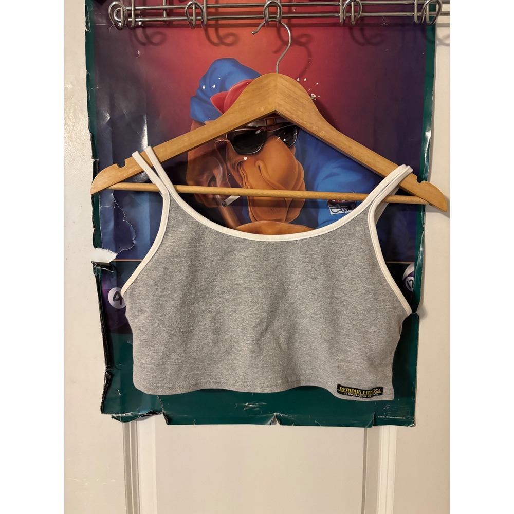 Golds Gym Serious Fitness Cropped Tank Top Heather Gray White Trim Small